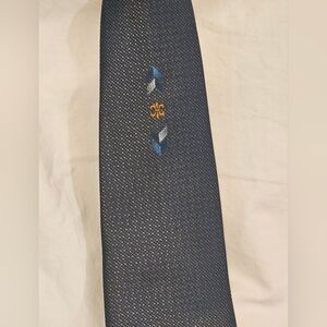Vintage Towncraft Blue Clip On Tie with Gold & Blue Embroidered Accents 16" X 3"